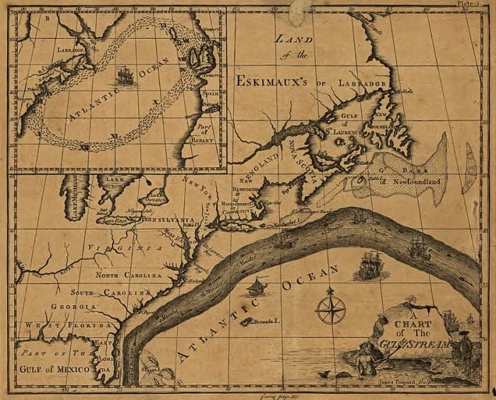 Benjamin Franklin: ABD Kurucularından, Mucit, Yazar 2 Franklin'in Gulf Stream haritası, 1786. Franklin akıntıyı keşfeden değil, ama onu ilk kez sistematik biçimde inceleyen kişidir