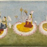 Brahma,_Vishnu_and_Shiva_seated_on_lotuses_with_their_consorts,_ca1770-min