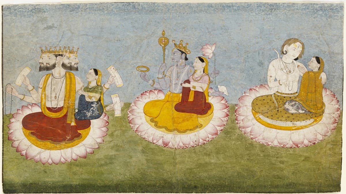 Brahma,_Vishnu_and_Shiva_seated_on_lotuses_with_their_consorts,_ca1770-min