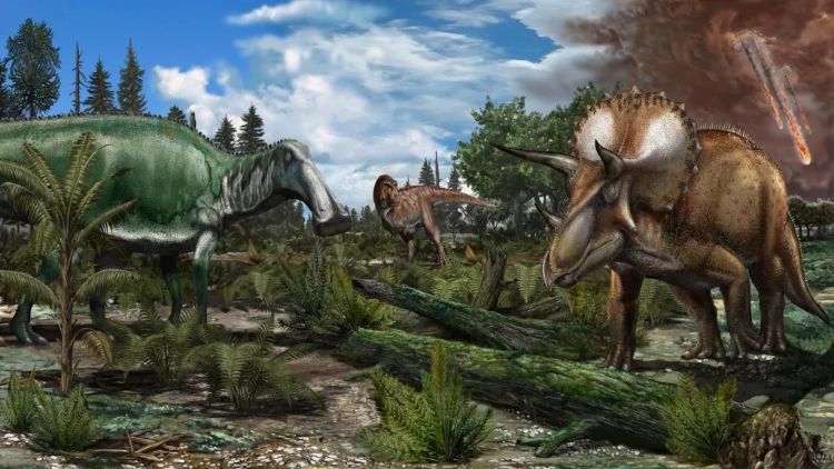 Dinozor: Türleri, Özellikleri, Ortaya Çıkışları ve Yok Oluşları 4 Dinozorların tarihi çeşitli hayvanları ele alan uzun bir zaman dilimini kapsıyor. Bu sanat eseri üzerinde Tyrannosaurus rex, Edmontosaurus ve Triceratops gibi dinozorların dolaştığı bir taşkın yatağını gösteriyor. Kuzey Amerika'daki geç Maastrihtiyen (~66 milyon yıl önce) paleoortamının çizimidir.