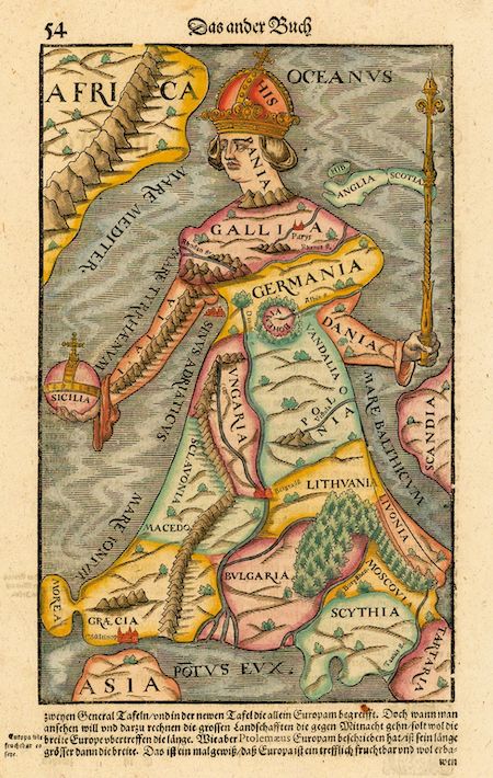 500 yıl önce çizilen Avrupa haritasının başlattığı eğlenceli kartografik akım 2 "Europa regina" ("Kraliçe Avrupa"), Sebastian Münster'in Cosmographia'sının 1588 baskısında resmedildi. Bu çizim Johannes Putsch'un 1530'lardaki orijinal gravürünü temel alıyor