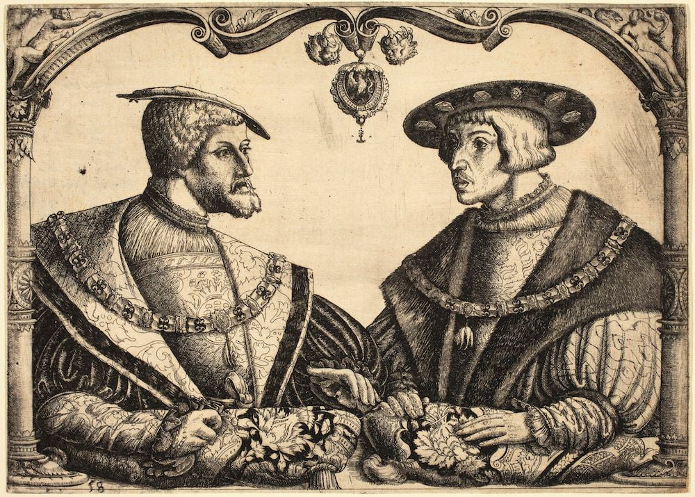 500 yıl önce çizilen Avrupa haritasının başlattığı eğlenceli kartografik akım 3 V. Charles ve kardeşi Ferdinand, Christoph Bockstorfer tarafından yapılan bir gravürde resmediliyor