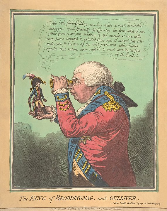 İnsanlar Neden Napolyon'un Kısa Olduğunu Düşünüyor? 3 James Gillray'den Brobdingnag Kralı ve Gulliver (1803), ( Napolyon Bonapart ve III. George'u hicvediyor).