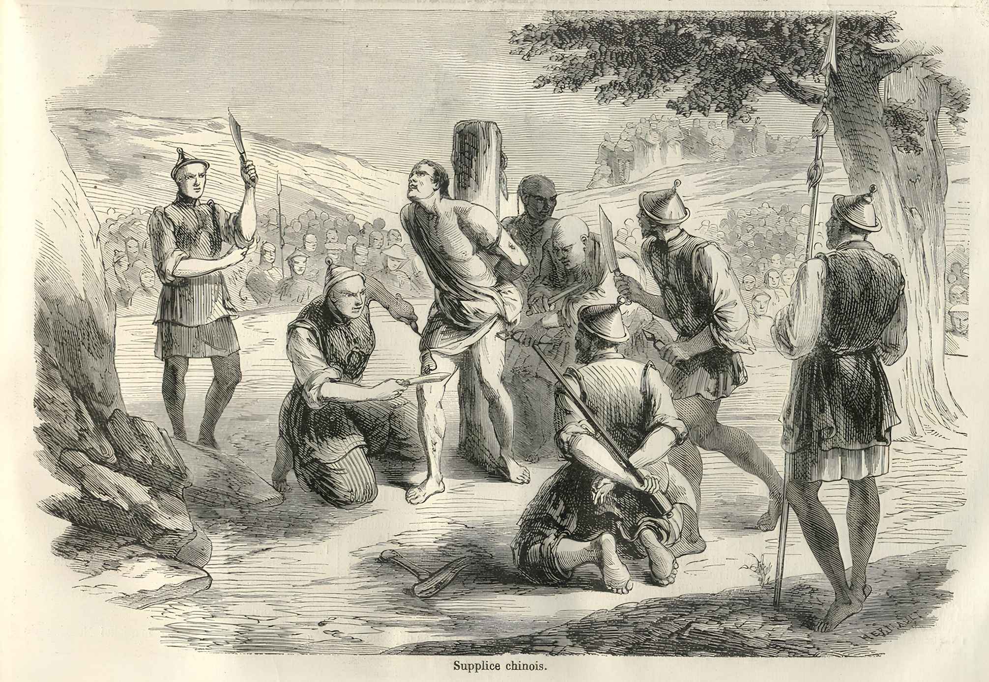 Fransız Le Monde illustré gazetesinin 1858 tarihli sayısında yer alan ve Fransız misyoner Auguste Chapdelaine'in Çin'de Lingchi tarafından infazını gösteren bir illüstrasyon.