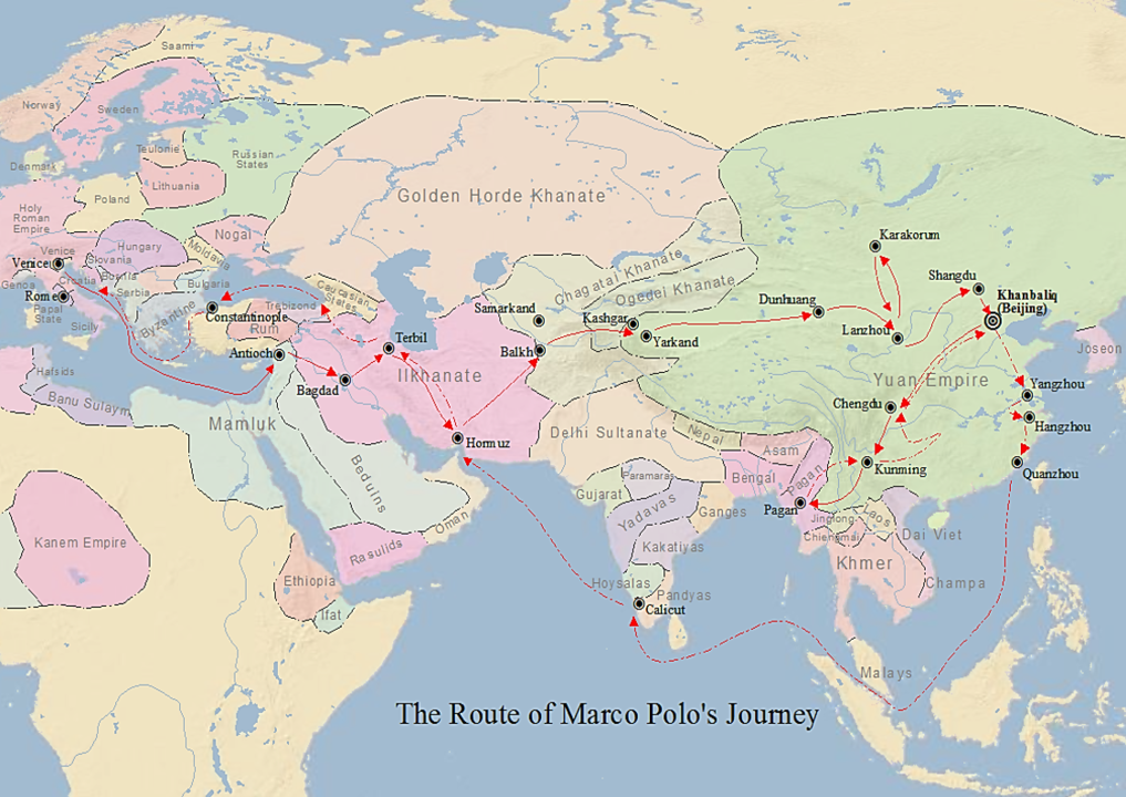 Marco Polo'nun Seyahatlerinde Keşfettiği Şeyler 4 Marco Polo'nun seyahatlerinin haritası.