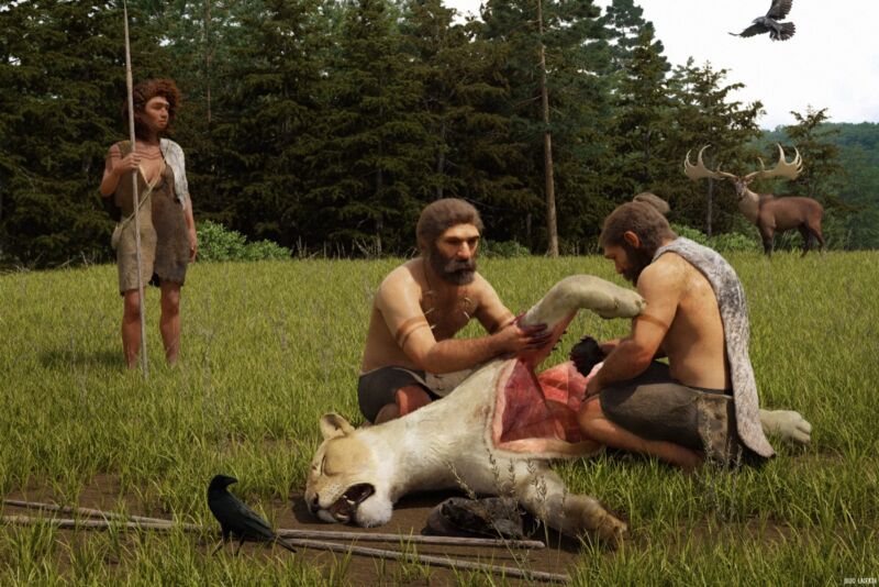 Bir Neandertal Nasıl Yemek Pişirirdi? 2 Sanatçının bir aslanı devirdikten sonra Neandertalleri tasvir etmesi.