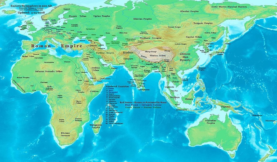 Antoninus Vebası: Roma İmparatorluğu'nu Sarsan ve Galen'in Sütle Tedavi Etmeye Çalıştığı Salgın 5 MS 2. yüzyılda dünya Roma, Part ve Çin (Han) imparatorluklarını gösteriyor