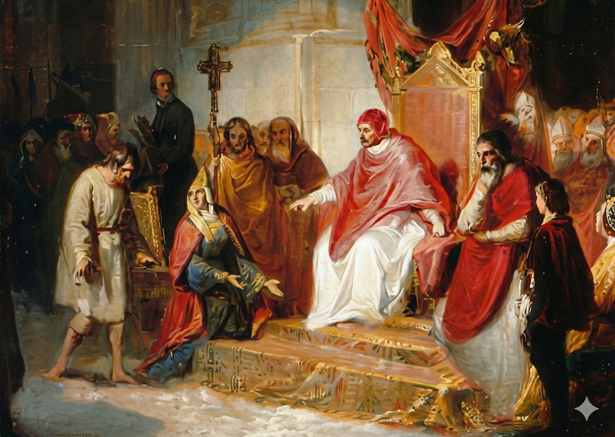 Henry IV, 1077 yılında Kontes Matilda'nın kalesi Canossa'da Papa Gregory VII'den af ​​dilerken.