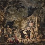 Satürn heykelinin altında Roma pagan festivali Saturnalia'nın tüm ihtişamıyla sergilendiği bir sahne